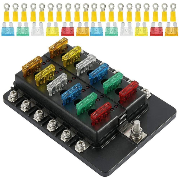 12 Ways Fuse Box with Negative Bus, Blade Fuses Holder Block with LED Indicator for Boat Van Car Truck Marine