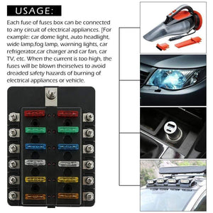12 Ways Fuse Box with Negative Bus, Blade Fuses Holder Block with LED Indicator for Boat Van Car Truck Marine