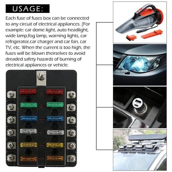 12 Ways Fuse Box with Negative Bus, Blade Fuses Holder Block with LED Indicator for Boat Van Car Truck Marine
