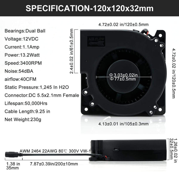 Planet Gates 120mm AC Computer Fan Blower 12cm 120x120x32mm 12032 Centrifugal w/ 120V 220V to 3V - 12V 2A with Speed Controller for Grow Tent