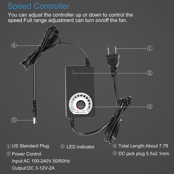 Planet Gates 120mm AC Computer Fan Blower 12cm 120x120x32mm 12032 Centrifugal w/ 120V 220V to 3V - 12V 2A with Speed Controller for Grow Tent
