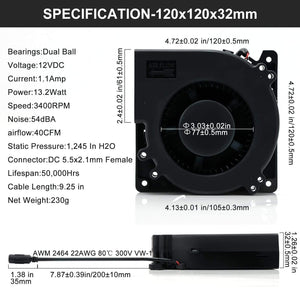 Planet Gates 120mm AC Computer Fan Blower 12cm 120x120x32mm 12032 Centrifugal w/ 120V 220V to 3V - 12V 2A with Speed Controller for Grow Tent