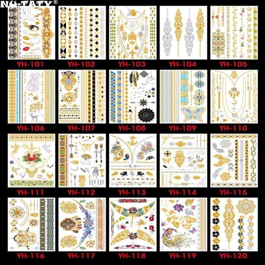 Planet Gates 120PCS/lot Gold style Temporary 3D Makeup Tattoos Henna Tatuagem Body Art Tatoo Flash Sticker Swimsuit Makeup Tool