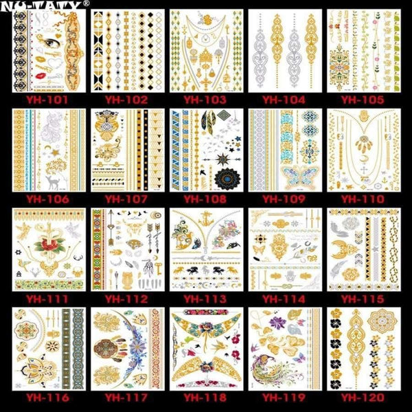 Planet Gates 120PCS/lot Gold style Temporary 3D Makeup Tattoos Henna Tatuagem Body Art Tatoo Flash Sticker Swimsuit Makeup Tool