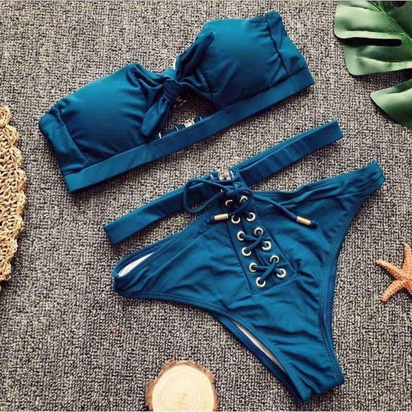 Planet Gates 1240 / L Split High Waist Bikini Swimsuit Female Two Piece Set Swimming Suit Crisscross Swimsuit Bandage For Women