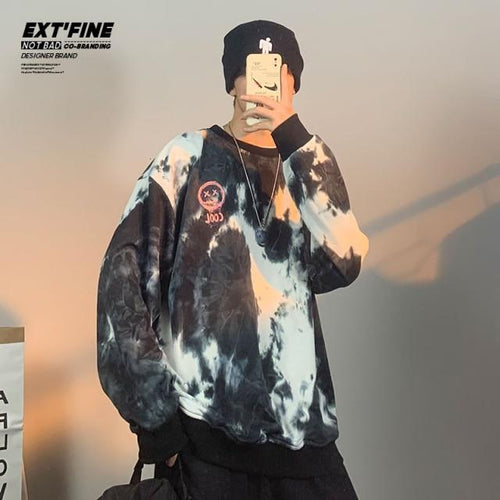 Planet Gates 1252BlackWhite / M Korean Tie Dye Sweatshirts For Men Overszied Hoodies Hip Hop Smile Face Printed Man Casual Baggy Sweatshirt Clothes