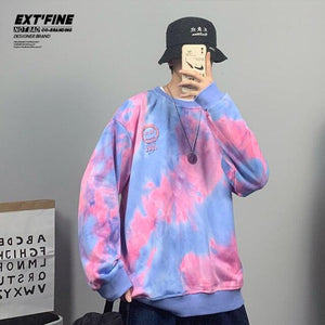 Planet Gates 1252BluePink / M Korean Tie Dye Sweatshirts For Men Overszied Hoodies Hip Hop Smile Face Printed Man Casual Baggy Sweatshirt Clothes