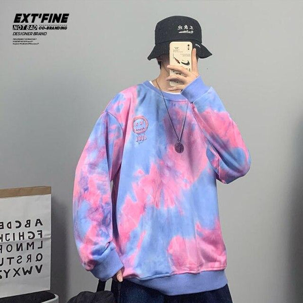 Planet Gates 1252BluePink / M Korean Tie Dye Sweatshirts For Men Overszied Hoodies Hip Hop Smile Face Printed Man Casual Baggy Sweatshirt Clothes
