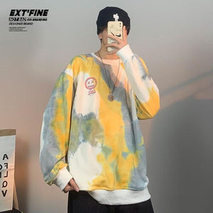 Planet Gates 1252YellowGray / M Korean Tie Dye Sweatshirts For Men Overszied Hoodies Hip Hop Smile Face Printed Man Casual Baggy Sweatshirt Clothes