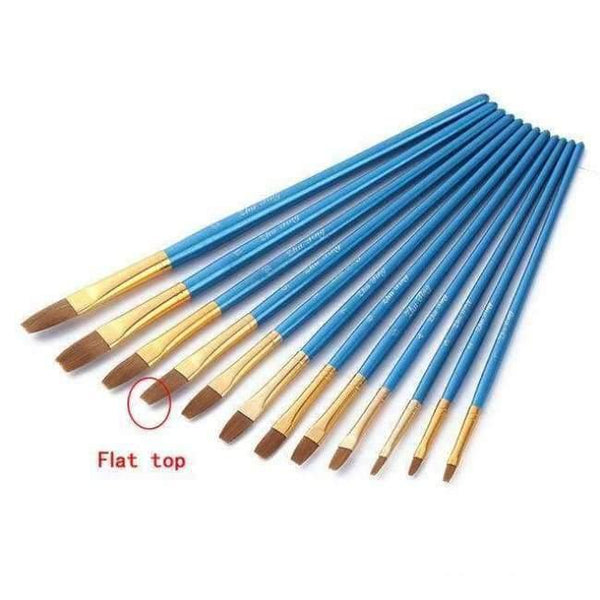 Planet Gates 12Pcs blue flat top 12/24Pcs Nylon Hair Wooden Handle Watercolor Paint Brush Pen Set for Learning Oil Acrylic Painting Art Paint Brushes Supplies