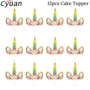 Planet Gates 12pcs cake toppers Unicorn Party Disposable Tableware Set Kids Birthday Party Paper Cup Plate Hat 1st First Birthday Party Decor Supplies