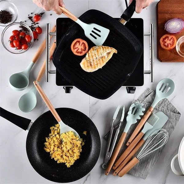 12pcs/set Cooking Utensil Set Silicone Spaghetti Tong /Food Clip/ Oil Brush /Spatula/ Egg Beater/Container Kitchen Tool
