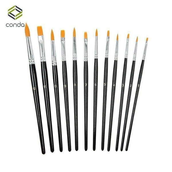 Planet Gates 12pcs/set Nylon Hair Paint Brush Set Artist Brush Watercolor Acrylic Oil Painting Art Supplies Black Drawing Water Brush
