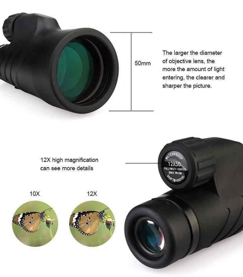 Planet Gates 12x50 Monocular BaK4 Prism Full Multi-coated Monoculars IPX7 Waterproof Telescopes Camping Hiking Hunting Spyglass F9338D