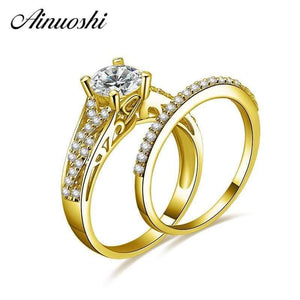 Planet Gates 14K Solid Yellow Gold Wedding Ring Set Engagement Wedding Jewelry 4 Prongs 1ct Round Cut SONA Diamond Rings For Women
