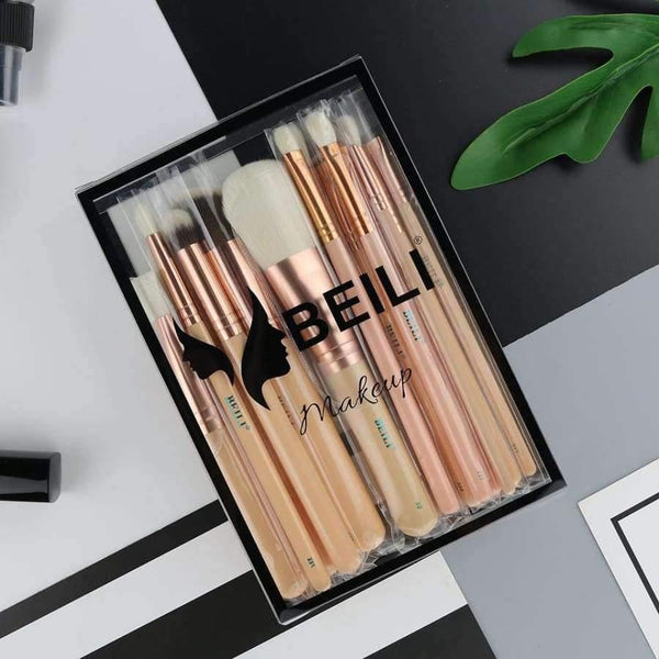 Planet Gates 15Pcs Pink Rose Golden Natural goat Horse Hair Foundation blusher eye Blending Contour Powder liner Makeup brush set