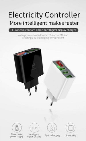 Planet Gates 15W LED Display 3 USB Mobile Phone Charger For iPhone Samsung Portable Universal Fast Charging USB Wall Travel Adapter EU
