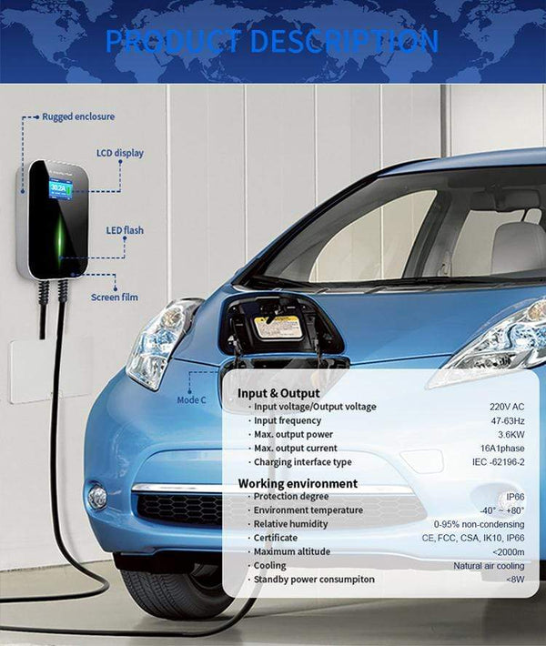 Planet Gates 16A 1Phase EVSE Wallbox EV Charger Electric Vehicle Charging Station with Type 2 Cable IEC 62196-2 for Audi MINI Cooper Smart