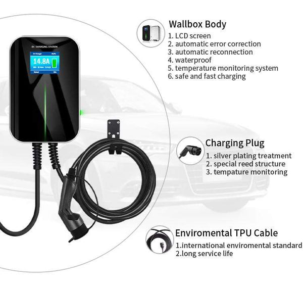 Planet Gates 16A 1Phase EVSE Wallbox EV Charger Electric Vehicle Charging Station with Type 2 Cable IEC 62196-2 for Audi MINI Cooper Smart