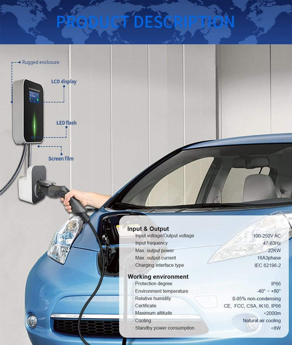 Planet Gates 16A 3Phase EV Charger Electric Vehicle Charging Station EVSE Wallbox Type 2 Socket IEC 62196-2 for Audi Mercedes-Benz, Hyundai