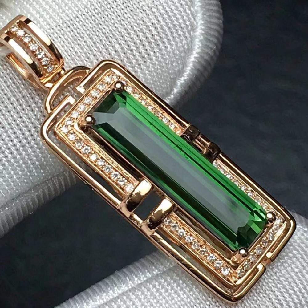 Planet Gates 18 K 100% Natural Green Tourmaline 3.2ct Brazil Origin Diamonds Gemstone Diamond Women's Pendants Necklaces