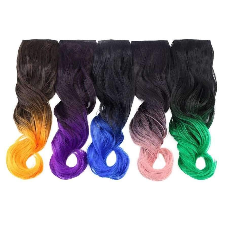 Planet Gates 18" Rainbow Synthetic Hairpieces 5 Clips in Hair Extensions Long Curly Pink Purple Ombre Wigs For Women One Piece Heat Resistant