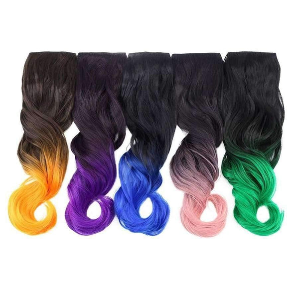Planet Gates 18" Rainbow Synthetic Hairpieces 5 Clips in Hair Extensions Long Curly Pink Purple Ombre Wigs For Women One Piece Heat Resistant