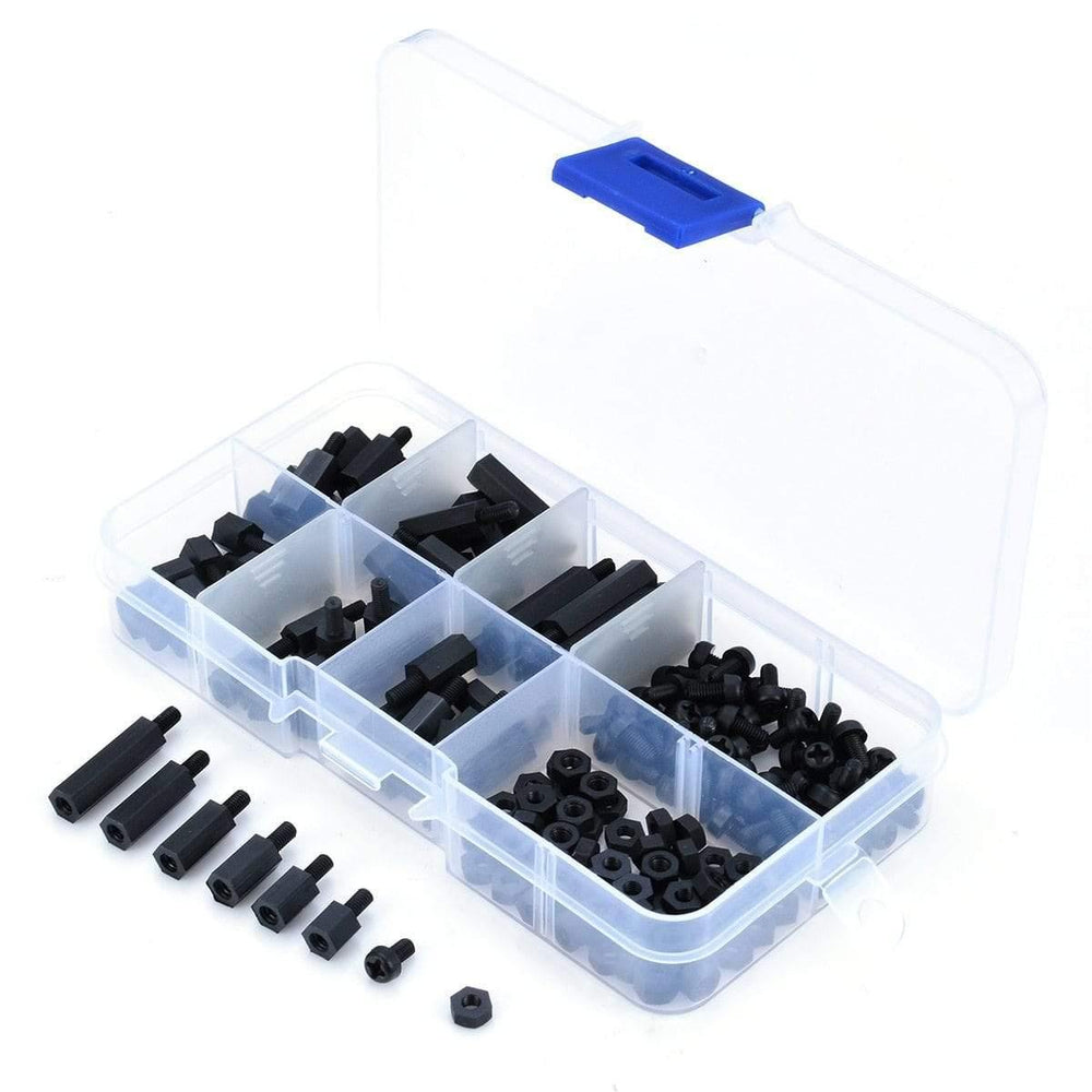 180pcs Practical Black M3 Nylon Hex Spacers Screw Nut Stand-off Kit Fasteners With Plastic Box For PC Board Electronics Computer
