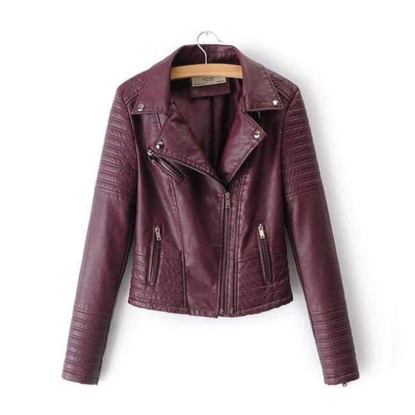 Planet Gates 1828 Wine Red / S New Fashion Women Smooth Motorcycle Faux Leather Jackets Ladies Long Sleeve Autumn Winter Biker Streetwear Black Pink Coat