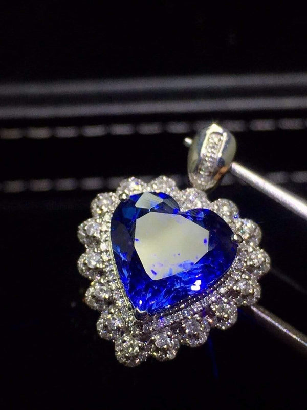 Planet Gates 18K White Gold 100% Natural Blue Tanzanite Gemstones 8.5ct Diamonds Fine Chic Pendant Necklace
