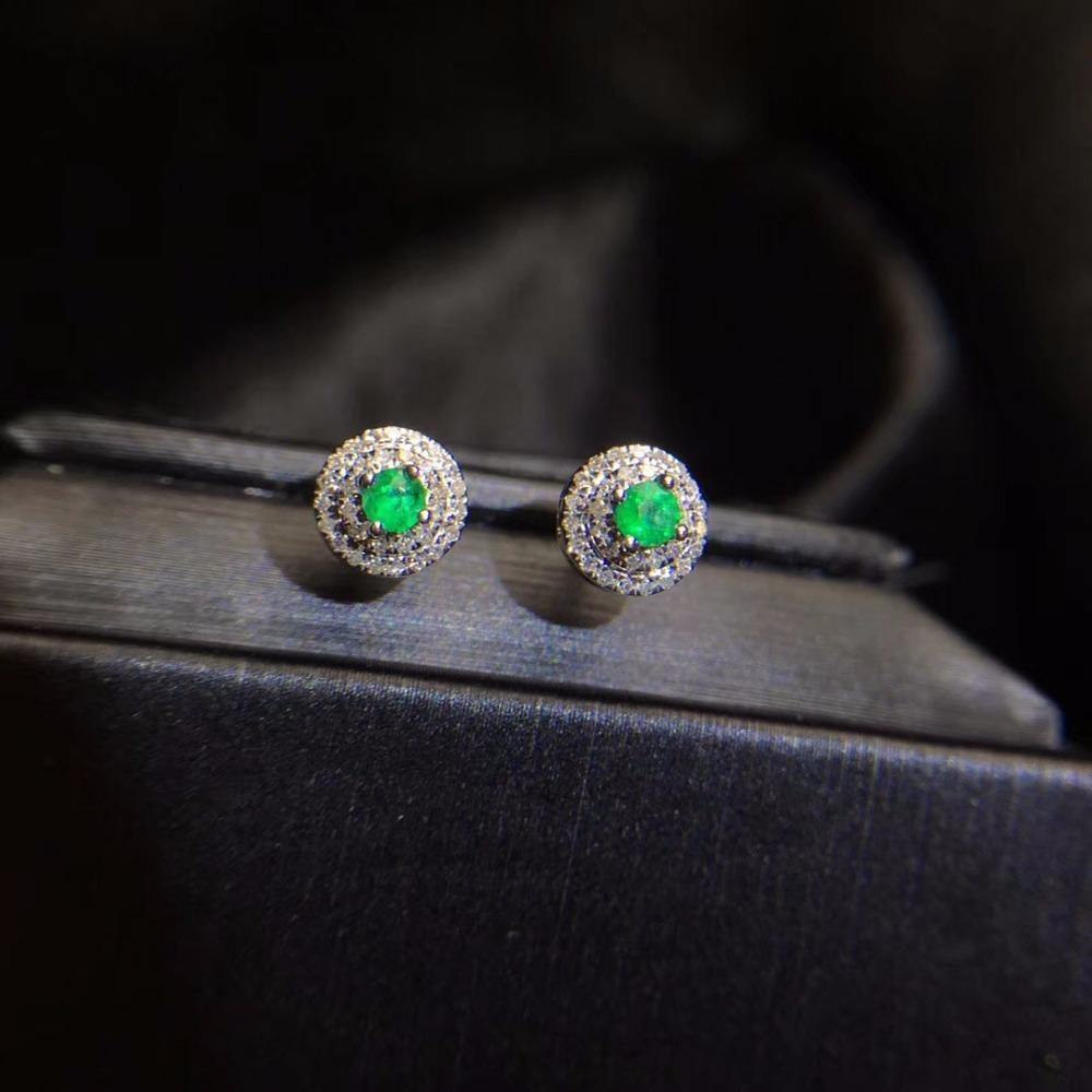 Planet Gates 18K White Gold AU750 100% Natural Emerald Gemstones Female Diamond Stud Earrings for Women Stud Earrings