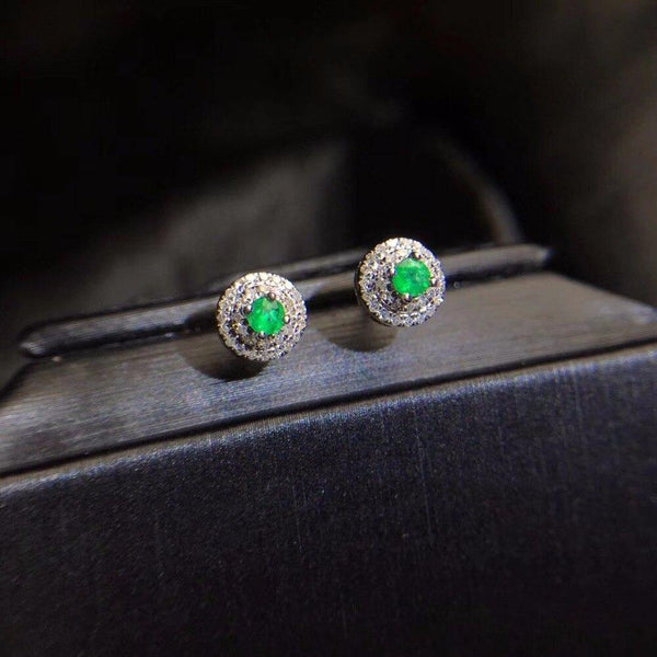 Planet Gates 18K White Gold AU750 100% Natural Emerald Gemstones Female Diamond Stud Earrings for Women Stud Earrings