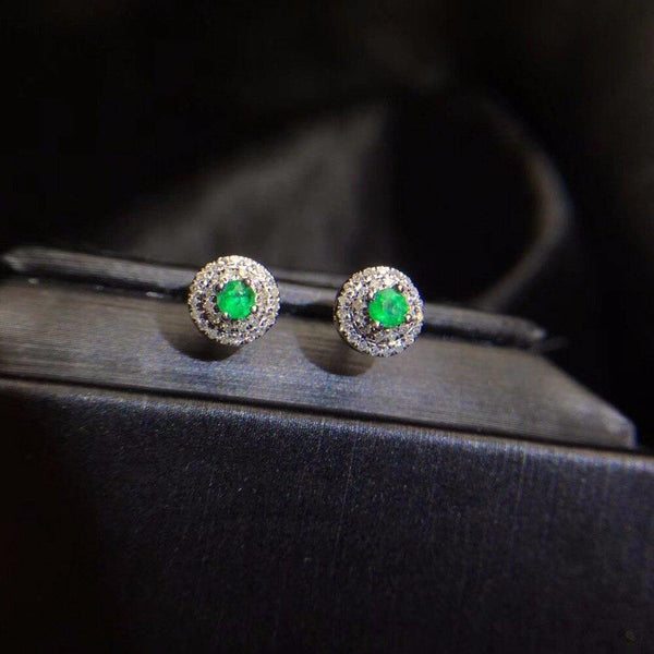 Planet Gates 18K White Gold AU750 100% Natural Emerald Gemstones Female Diamond Stud Earrings for Women Stud Earrings