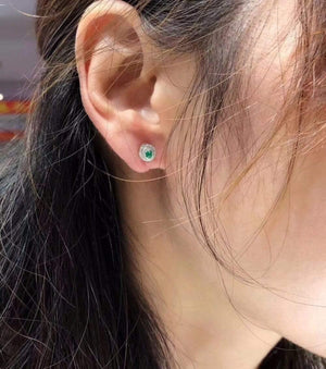 Planet Gates 18K White Gold AU750 100% Natural Emerald Gemstones Female Diamond Stud Earrings for Women Stud Earrings