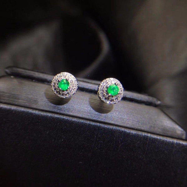 Planet Gates 18K White Gold AU750 100% Natural Emerald Gemstones Female Diamond Stud Earrings for Women Stud Earrings