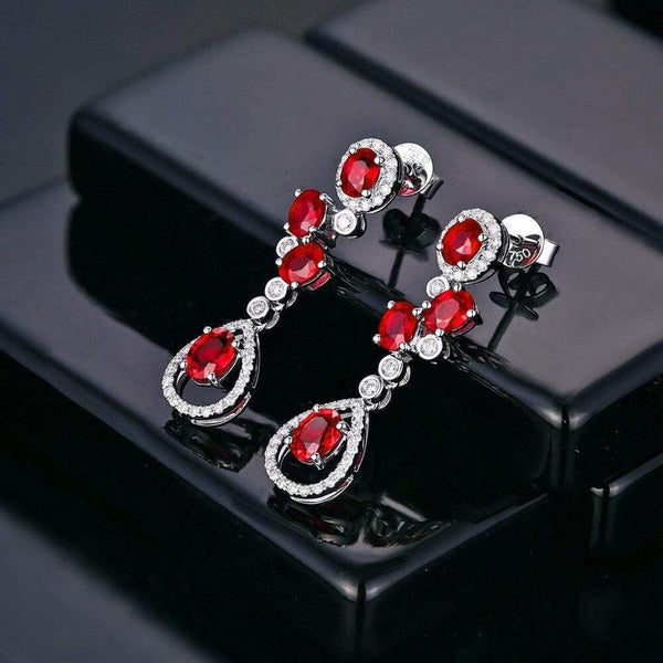 Planet Gates 18KT/750 White Gold 2.69ct Natural Red Ruby 0.39ct Round Cut Diamond Engagement Gemstone Earrings Jewelry