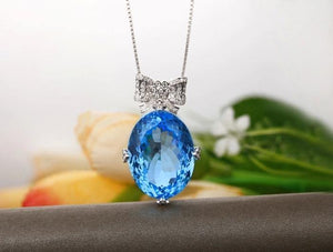 Planet Gates 18KT/750 White Gold 37.10 ct Natural IF Blue Topaz & 0.42 ct Full Cut Diamond Engagement Gemstone Pendant Jewelry