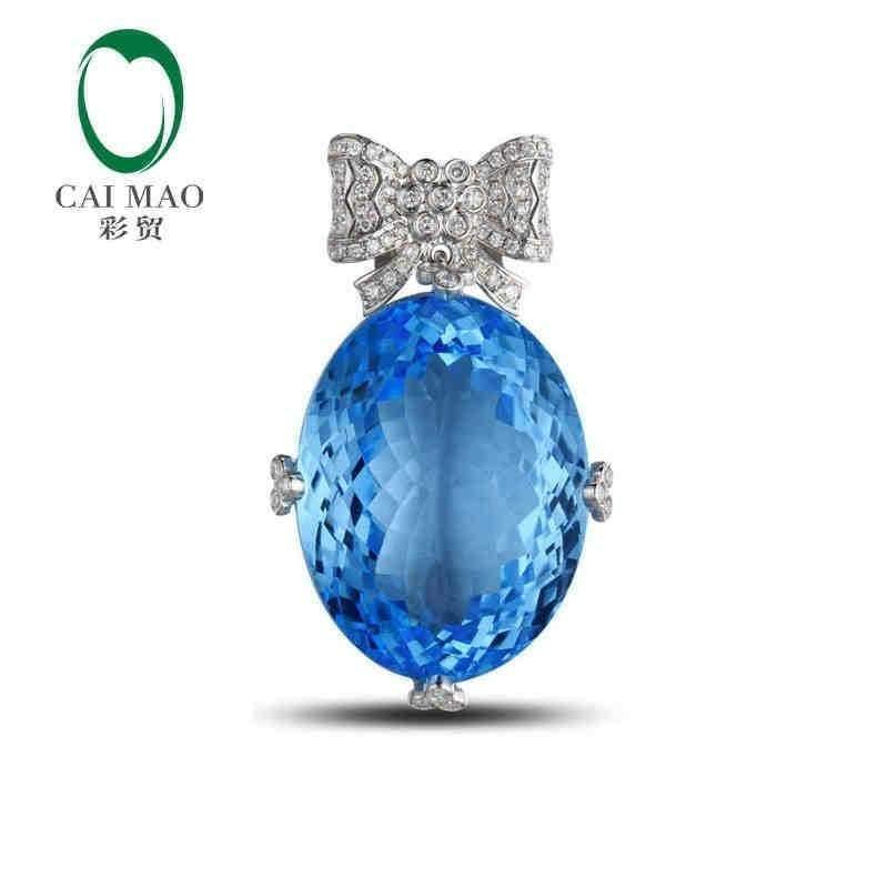 Planet Gates 18KT/750 White Gold 37.10 ct Natural IF Blue Topaz & 0.42 ct Full Cut Diamond Engagement Gemstone Pendant Jewelry