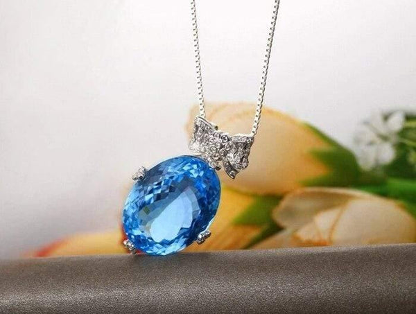 Planet Gates 18KT/750 White Gold 37.10 ct Natural IF Blue Topaz & 0.42 ct Full Cut Diamond Engagement Gemstone Pendant Jewelry