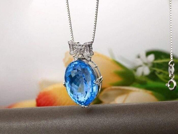 Planet Gates 18KT/750 White Gold 37.10 ct Natural IF Blue Topaz & 0.42 ct Full Cut Diamond Engagement Gemstone Pendant Jewelry