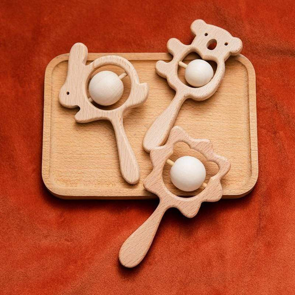 Planet Gates 1PC Baby Wooden Rattle Beech Animal Hand Teething Wooden Ring Makes A Sound Montessori Educational Toy Attract Attention