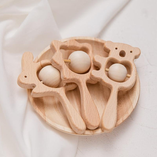 Planet Gates 1PC Baby Wooden Rattle Beech Animal Hand Teething Wooden Ring Makes A Sound Montessori Educational Toy Attract Attention