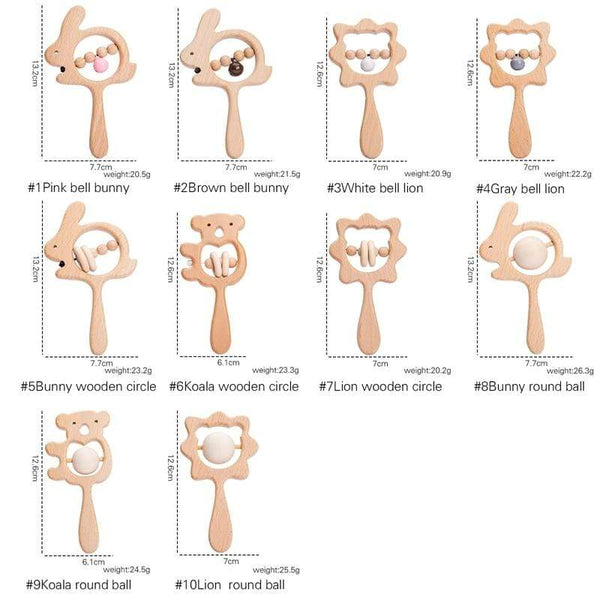 Planet Gates 1PC Baby Wooden Rattle Beech Animal Hand Teething Wooden Ring Makes A Sound Montessori Educational Toy Attract Attention