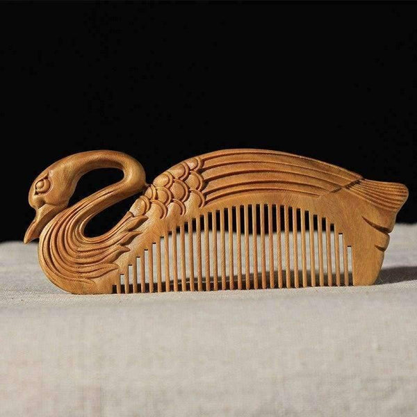 Planet Gates 1PC Boutique Swan Natural Green Sandalwood Comb All Fine Tooth No-static head Massage Hair Brush Health care Hair Style combs