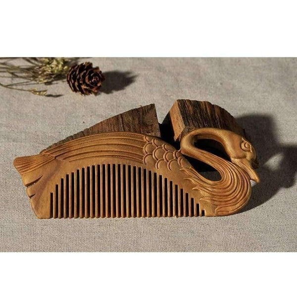 Planet Gates 1PC Boutique Swan Natural Green Sandalwood Comb All Fine Tooth No-static head Massage Hair Brush Health care Hair Style combs