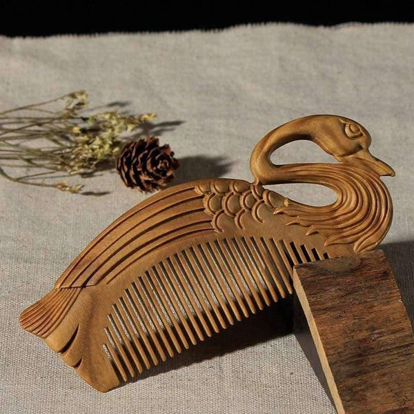 Planet Gates 1PC Boutique Swan Natural Green Sandalwood Comb All Fine Tooth No-static head Massage Hair Brush Health care Hair Style combs