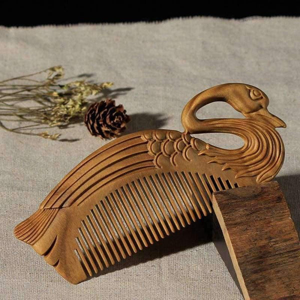 Planet Gates 1PC Boutique Swan Natural Green Sandalwood Comb All Fine Tooth No-static head Massage Hair Brush Health care Hair Style combs