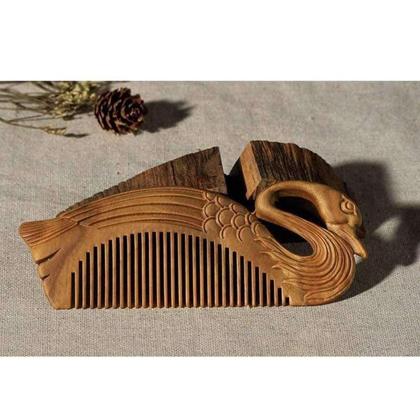 Planet Gates 1PC Boutique Swan Natural Green Sandalwood Comb All Fine Tooth No-static head Massage Hair Brush Health care Hair Style combs