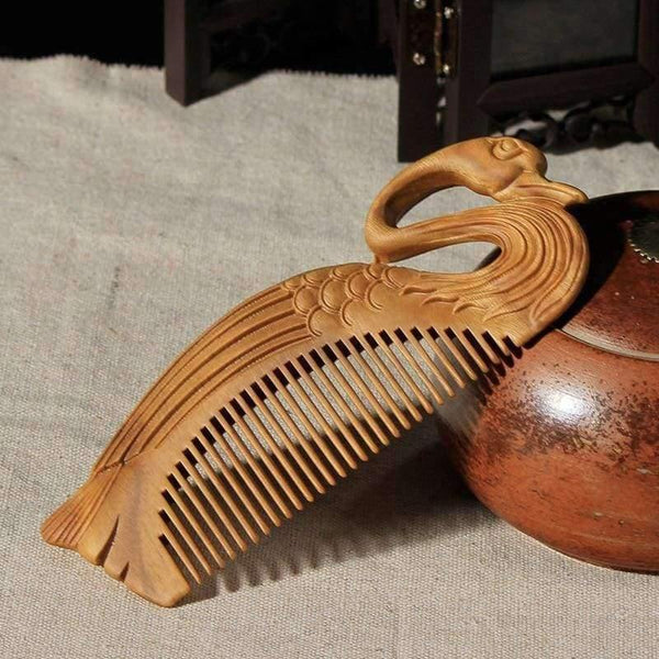 Planet Gates 1PC Boutique Swan Natural Green Sandalwood Comb All Fine Tooth No-static head Massage Hair Brush Health care Hair Style combs