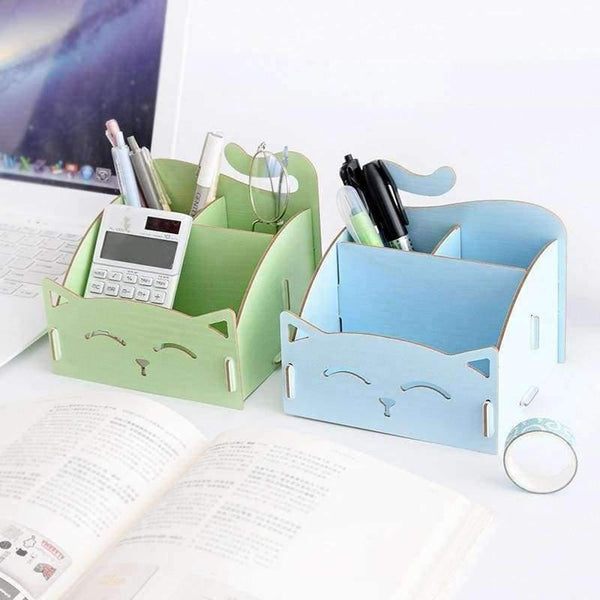 Planet Gates 1pc Cute Cat Pen Holders Stationary Desk Organizer Storage Bin Wooden Space Saving Multifunction Cosmetic Box Desk Accessories